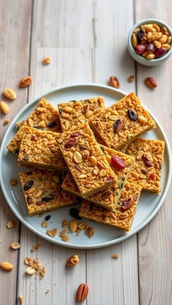Homemade no-bake granola bars on a wooden table, topped with nuts and dried fruits.
